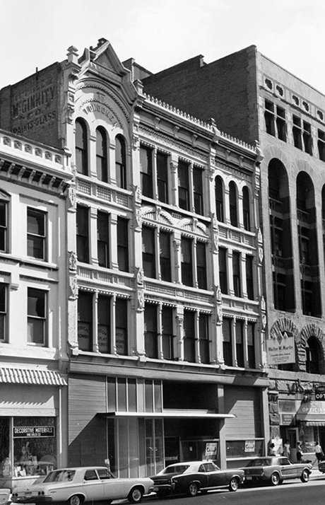 The exterior of the Londoner Block building as it appeared in 1967, located in Denver on Arapahoe Street between 16th and 17th Streets. 