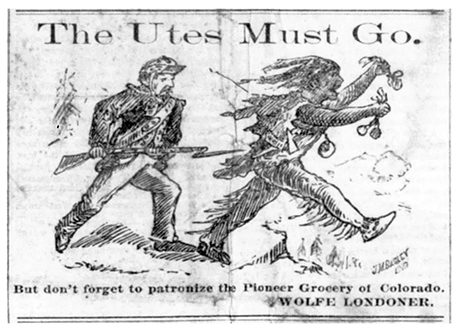 This advertisement for Wolfe’s grocery enterprise played on the tumultuous relationship between Leadville pioneers and hostile Ute Indian tribes in the region that degenerated into the Ute Indian War of 1879. 