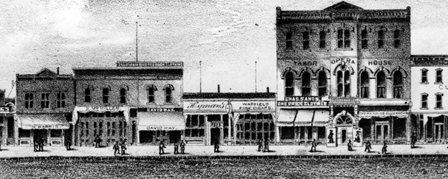 David May’s store is the third storefront from the left as it looked in 1887.