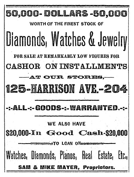 This advertisement for Sam & Mike Mayer appeared in the January 1, 1885 edition of the Leadville Daily Herald Newspaper.
