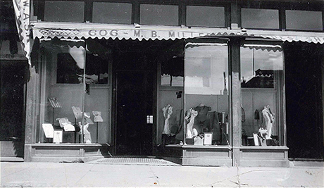 Exterior of “The Hub” (M. B. Miller Clothing Store) at 604-606 Harrison Avenue.
