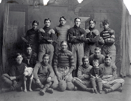 Henry Miller with his high school football team, 1908 or 1909. He is at the top left (where there is a small x).