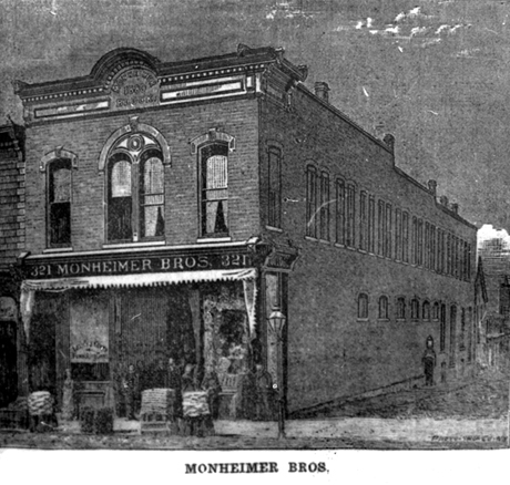 Engraving of the “Monheimer Bros.” building found in the Leadville Weekly Democrat, Saturday, January 1, 1881. Page 1.