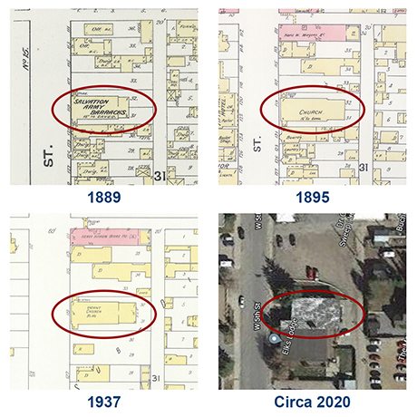 The Knesseth Israel building in 1889, 1895, 1937, and circa 2020.