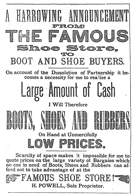 Advertisement for The Famous in The Herald Democrat, Thursday, November 4, 1886. Page 4.