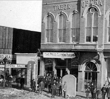 A close-up of the Tabor Opera House shortly after it was completed in late 1879 or early 1880.