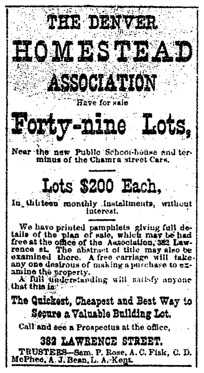 Small advertisement by trustee Sam P. Rose and others published in the Denver Daily Times on September 7, 1874.