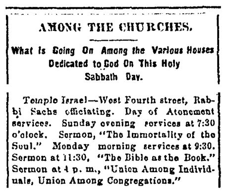 Small notice in the Leadville Daily Herald on September 28, 1884 announcing Yom Kippur Services by Rabbi Morris Sachs.