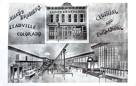 Postcard showing the exterior and the interior of the Sands Brothers store located at 314-316 Harrison Avenue.