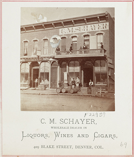 Charles’ wholesale liquor and cigars store in Denver. Photograph likely taken between 1869 and 1879.