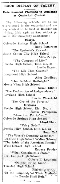 Article showing scheduled essays and orations from different schools for a contest in Boulder. Walter Schwed of Leadville High School will be orating “The Spirit of The American People”.