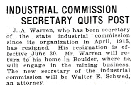 Small article noting that Walter E. Schwed will become the new secretary of the state industrial commission after the resignation of J.A. Warren.