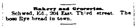 Snippet advertisement by Ed Schwed for bakery and groceries.