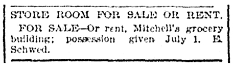 Store room for sale or rent in the Mitchell’s grocery building.