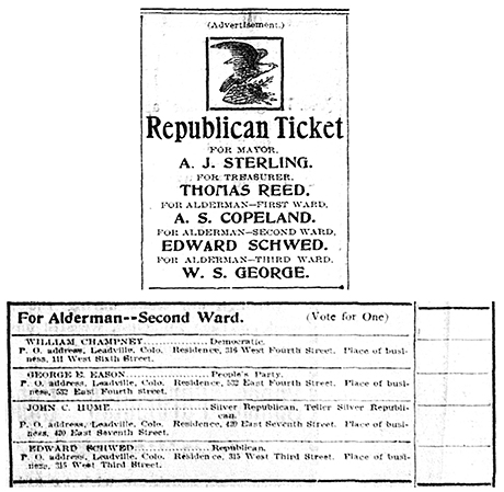 Two parts of voter’s guide in The Herald Democrat, one showing the candidates for the Alderman, Second Ward and the candidates for the Republican ticket. Edward Schwed was a candidate for the Alderman, Second Ward position.
