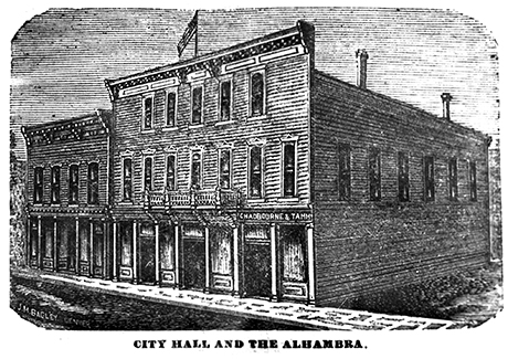 Etching of City Hall in the 1880s.