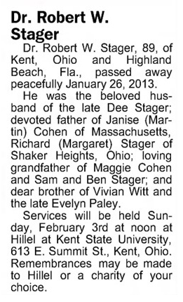 Obituary for Dr. Robert W. Stager in The Akron Beacon Journal.