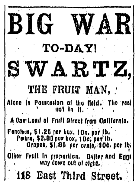Advertisement for Swartz, the fruit man.