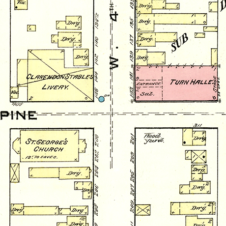 Sanborn Fire Insurance Map of Leadville published in 1883 showing 201 W 4th Street, noted as a “wood yard”, the location of where Temple Israel would be built in 1884. Notice that there is a dwelling in the back of the property with an address of 311 Pine Street.