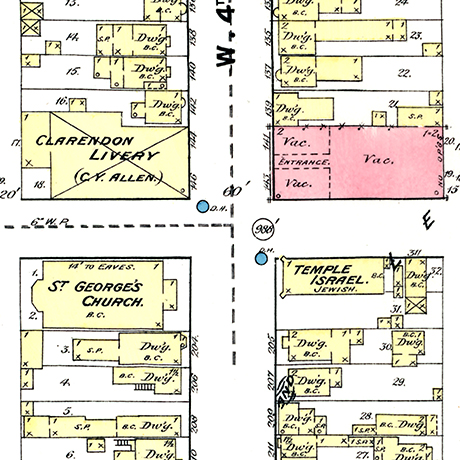 Sanborn Fire Insurance Map of Leadville published in 1889 showing 201 W 4th Street, the location of Temple Israel, noted as “Temple Israel. Jewish”. Notice an expansion of the dwelling in the back into the adjacent lot along with the addition of several smaller structures.