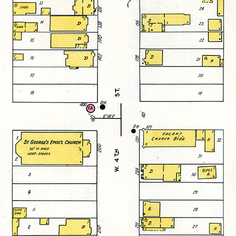Sanborn Fire Insurance Map of Leadville published in 1937 showing 201 W 4th Street, the location of Temple Israel, noted as “Vacant, Church B’ldg”. The attached dwelling in the back shows a different arrangement from 1895, and no additional buildings show on the adjacent lot.