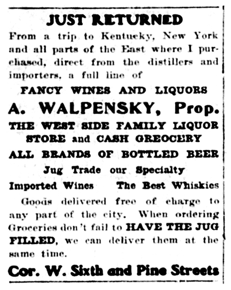 Advertisement for West Side Family Liquor Store and Cash Grocery highlighting the recent stocking of inventory of fancy wines and liquors.