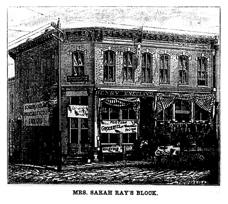 A newspaper lithograph of Reuben’s residence (upper floor) and his employer (storefront to the right) in late 1880. 