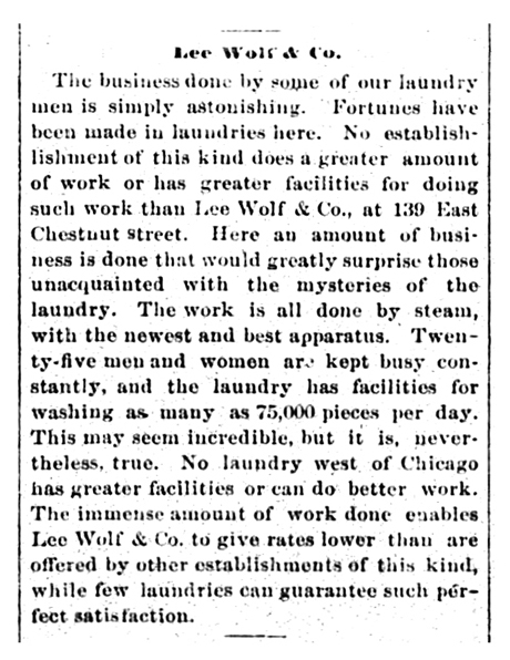 Short article in the New Year’s Day issue of 1881 with a glowing review and recommendation of the Steam Laundry of Lee Wolf & Company.