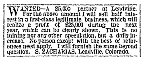 A Wanted ad placed by S. Zacharias in the classified section of the Denver Daily Tribune in 1879.